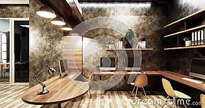 Mock up Office studio loft style interior design concrete wall gray glossy on wooden tiles.3D rendering Stock Photo