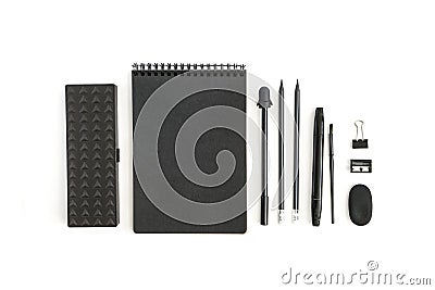 Office supplies. Back to school. Notepad pencils pen eraser sharpener pencil case. Objects on white background Stock Photo