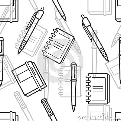 Office supplies icons seamless pattern. Stationery notebooks and pens. Vector illustrations Cartoon Illustration