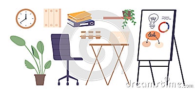 Office Supplies and Items Isolated Icons Set. Desk With Laptop, Sleek Chair, Organized Folders, Shelf with Plant Vector Illustration