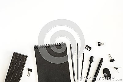 Office supplies . Paper sheets notepad pencils pen eraser sharpener pencil case on white background. Back to school Stock Photo