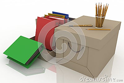 Office supplies with pencils and office folders in cardboard box Stock Photo