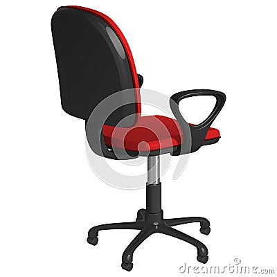 Office swivel chair on a pedestal, with wheels, with red upholstery and black plastic armrests, rear view half-turned Vector Illustration