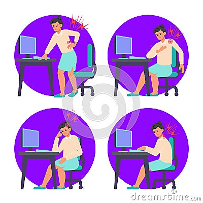 Office syndrome flat icons set Vector Illustration