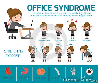 Office syndrome. health care concept. infographic element. vector flat icons woman cartoon design. brochure poster banner Vector Illustration