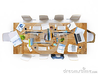Office Table with Equipments and Chairs Stock Photo