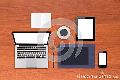 Office Table with Work Equipments Editorial Stock Photo