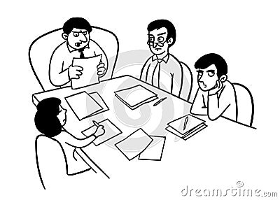 Office team boring meeting caricature drawing. Cartoon illustrating a group of people different genders sitting at the Vector Illustration