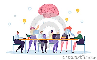 Office Team Character Brainsorm Work Conference. Business People Group Meeting at Desk Laptop with Brain Symbol Vector Illustration