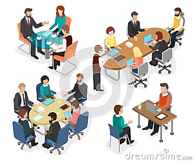 The office team discussed working questions at the table. Vector Illustration