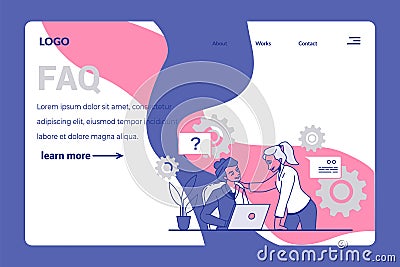 Office team. FAQ landing page. Business support. Women work with computers. . Professional question answers. Online help Vector Illustration