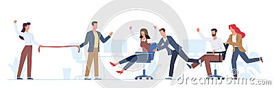 Office team game. People chair riding, men and women actively playing, team building event, business characters having Vector Illustration