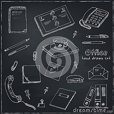 Office tools doodles pen, pencils, book, paper Vector Illustration