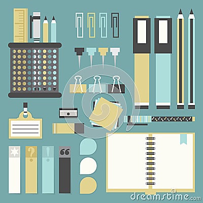 Office tools, supplies, and stationery icons set Vector Illustration