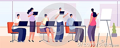 Office training team. Business staff learning, people group coach with presentation. Company managers meeting interview Vector Illustration