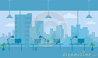 Office with view from window city. Workplace Vector Illustration