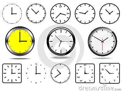 Office wall clocks, and 10 clock icons Vector Illustration