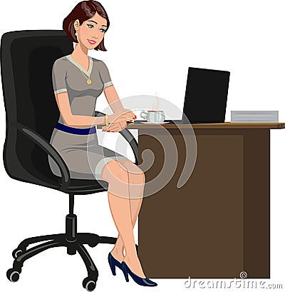 Office woman behind a Desk with a laptop Vector Illustration