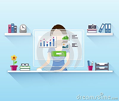 Office woman worker using computer Vector Illustration