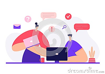 Office work concept, team partnership. Modern businessmen characters, communication, corporate brainstorming, social networks. Cartoon Illustration