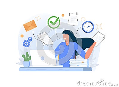Office work, icons set. Happy business woman, multitasking skills sitting at her laptop. Freelance worker. Multitasking. Vector Illustration