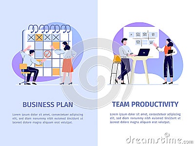 Office work productivity vector banner. Team and task management with employees. Cooperation and presentation Vector Illustration