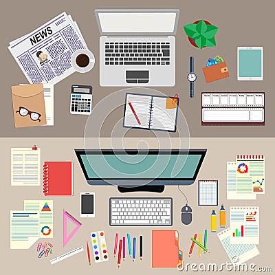 Office. Work. Realistic workplace organization. The view from the top. Stock vector illustration Stock Photo