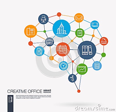 Office work space, people, teamwork, workspace integrated business vector icons. Digital mesh smart brain idea Vector Illustration