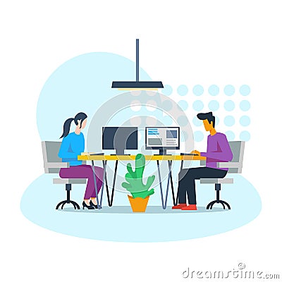 Office work, team work, Employees working in office vector illustration, office interior with employees vector, working environmen Cartoon Illustration