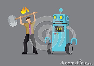 Office worker attack robot who replace his job Vector Illustration