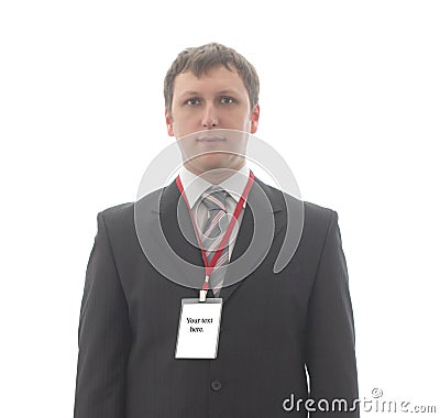 Office worker with the blank badges on the neck. Stock Photo