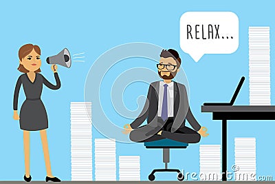 Office worker or businessman relaxes and meditates in the lotus position on workplace Vector Illustration