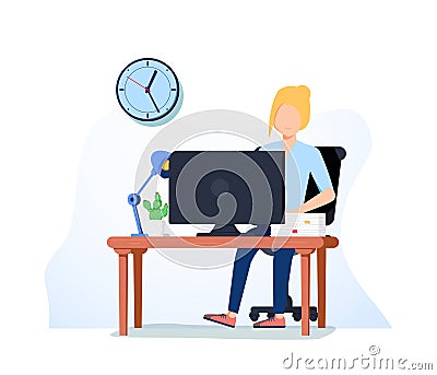 Office Worker Busy Business Woman or Freelancer Working on Laptop Sitting at Table Workplace Thinking of Task. Freelance Vector Illustration