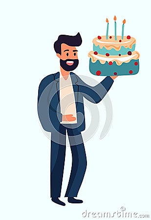 Office worker celebrating birthday holding cake. Concept of birthday celebration, happiness, joy. Illustration for a Vector Illustration