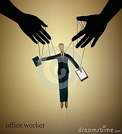 Office worker concept, wooden marionette manipulated by hands like office worker by boss, Vector Illustration