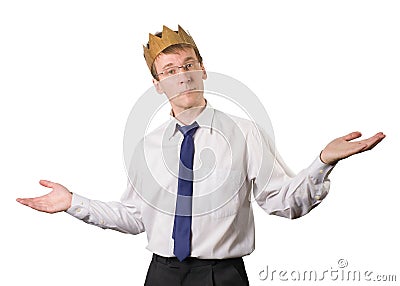 An office worker with a crown on his head is satisfied with the work. Things are going great. Isolated Stock Photo