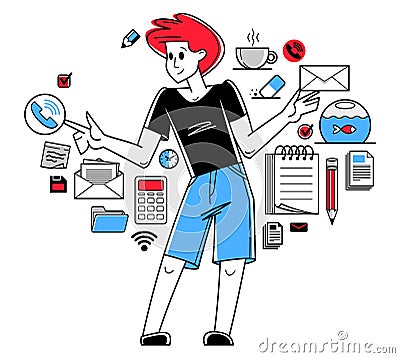 Office worker doing everyday job vector outline illustration, career in company for employee, business and paperwork. Vector Illustration