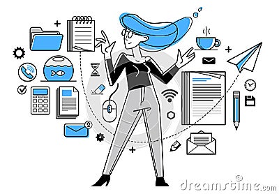 Office worker doing everyday job vector outline illustration, career in company for employee, business and paperwork. Vector Illustration