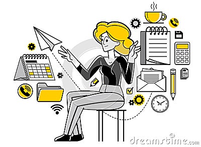 Office worker doing everyday job vector outline illustration, career in company for employee, business and paperwork. Vector Illustration