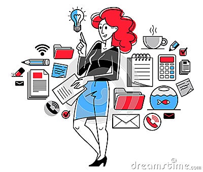 Office worker doing everyday job vector outline illustration, career in company for employee. Vector Illustration