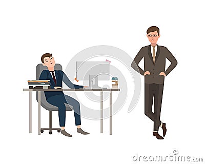 Office worker dressed in business suit sits at desk with computer and sleeps, his boss angrily looks at him. Concept of Vector Illustration