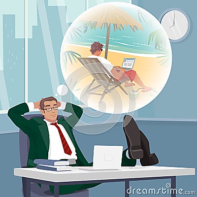 Office worker dreams of working on tropical beach Vector Illustration