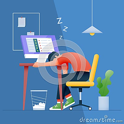 Office worker falls asleep at the workplace. Tired sleepy man sleeping at work. Vector Illustration