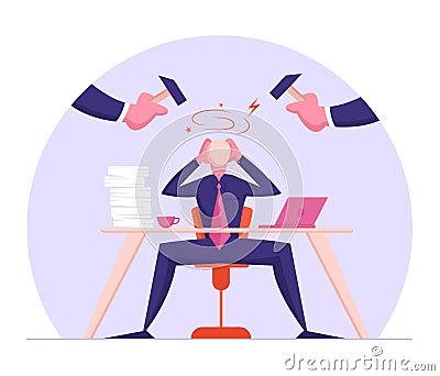 Office Worker Frustration, Career Burnout. Troubled Businessman Sitting at Desk Protecting Head From Punching Hammers Vector Illustration
