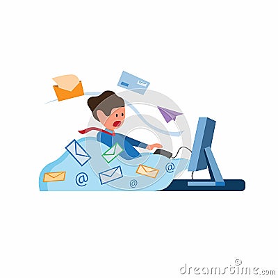 Office worker with full of envelope and email coming out from computer, inbox message full, email spamming illustration vector Vector Illustration