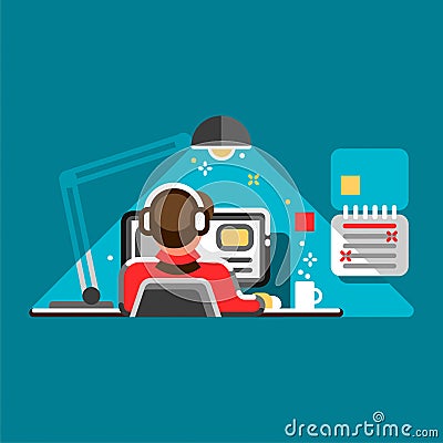 Office worker at his desk. Cool vector flat design illustration with man working on desktop computer. Vector Illustration