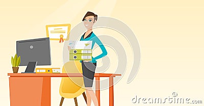 Office worker holding pile of folders. Vector Illustration