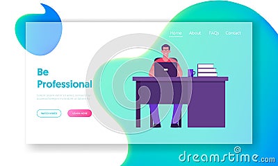 Office Worker Lifestyle Website Landing Page. Young Smiling Man Working on Laptop Sitting on Chair at Table with Laptop Vector Illustration