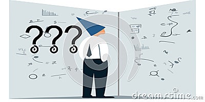 Office worker looking at wall equation wearing dunce cap vector graphics Stock Photo