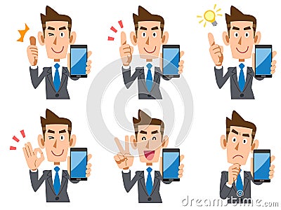 Office worker male smartphone set of expressions and gestures Vector Illustration